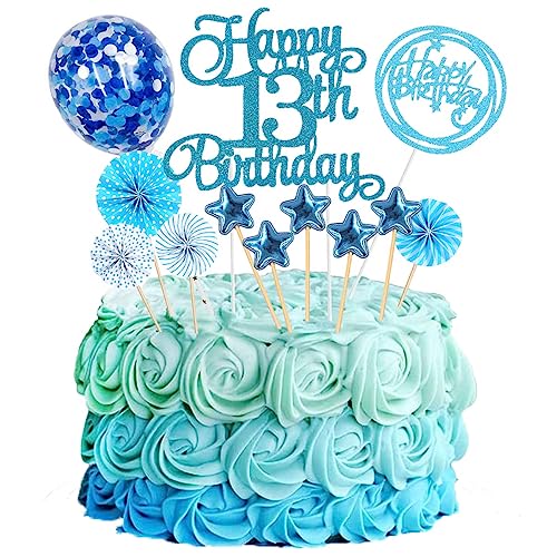 Jxuzh Tortendeko 13 Geburtstag Blau 13th Happy Birthday Cake Topper 13.geburtstagstorte Topper Kuchen Topper Blau Sternen Konfetti Luftballons Papierfächer Für Junge Mädchen Tortendeko Geburtstag von Jxuzh