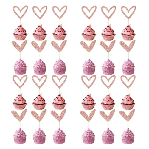 Jxuzh Tortendeko Roségold Cupcake Picks Glitter Herz Cupcake Topper Herzen Cupcake Deko Muffin Dekoration Herz Cake Deco Topper Kuchen Dekorieren Toppers Cupcake Aufsätze Am Stiel Herzförmiger Kuchena von Jxuzh