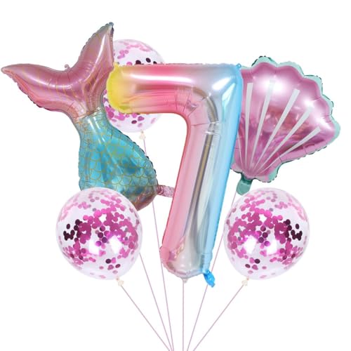 Meerjungfrau Geburtstag Party Dekoration Set 7 Jahre Mädchen Bunt Meerjungfrau Ballon 40" XXL Zahl 7 Zahlen Ballon 7. Kinder Geburtstag Mädchen FolienBallon LatexBallons meerjungfrau Ballon Deko von Jxuzh