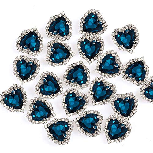 Herz-Strasssteine zum Aufnähen, 20 Stück, mit Diamanten, 14 mm, Herz-Strasssteine mit flacher Rückseite, Pfauenblau von Jyukan