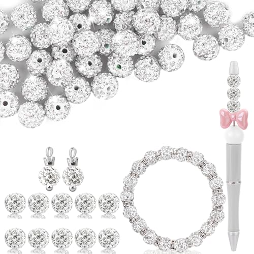 Perlen aus Ton zum Basteln, 10 mm, weiße runde Shamballa-Discokugel-Perlen für Stiftherstellung, glitzernde Kristall-Ton-Perlen für Schmuck, Halsketten, Armbänder, Ohrringe, 50 Stück von Jyukan