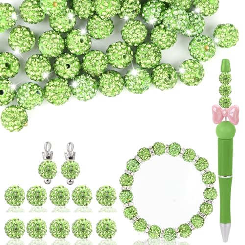 Strassperlen aus Ton zum Basteln, 10 mm, hellgrün, runde Shamballa-Discokugel-Perlen zur Herstellung von Stiften, glitzernden Kristall-Ton-Perlen für Schmuck, Halsketten, Armbänder, Ohrringe, 50 Stück Strassperlen aus Ton zum Basteln, 10 mm, hellgrün, runde Shamballa-Discokugel-Perlen zur Herstellung von Stiften, glitzernden Kristall-Ton-Perlen für Schmuck, Halsketten, Armbänder, Ohrringe, 50 Stück von Jyukan