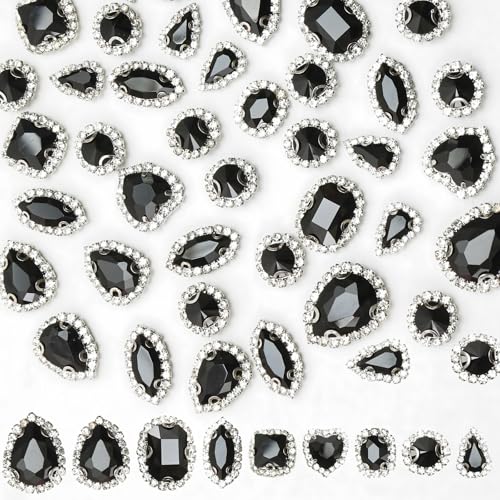 Strasssteine zum Aufnähen, flache Rückseite, Glas-Strasssteine mit silberfarbener Kralle, zum Aufnähen, Kristall-Mix-Formen, Edelsteine für Handwerk, Kostüm, Hochzeitsstrauß, Schuhe, Hut, schwarz, 45 von Jyukan