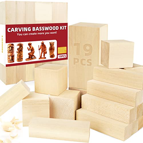 19-teiliges Lindenholz-Schnitzblock-Set, Whittling-Holz in 3 verschiedenen Größen, Schnitzen von Holzblöcken, einfach zu bedienen, für Kinder und Erwachsene von K KERNOWO