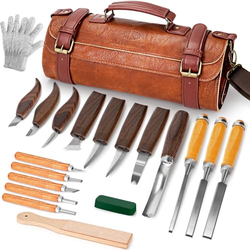 Holzschnitzwerkzeuge, 20-teiliges Holzschnitzerei-Set mit PU-Aufbewahrungstasche Schnitzset Erwachsenemit 3 Meißel & 8 Schnitzmesser & 5 Detailmesser & Schnittschutzhandschuhe Holzschnitzwerkzeuge, 20-teiliges Holzschnitzerei-Set mit PU-Aufbewahrungstasche Schnitzset Erwachsenemit 3 Meißel & 8 Schnitzmesser & 5 Detailmesser & Schnittschutzhandschuhe von K KERNOWO