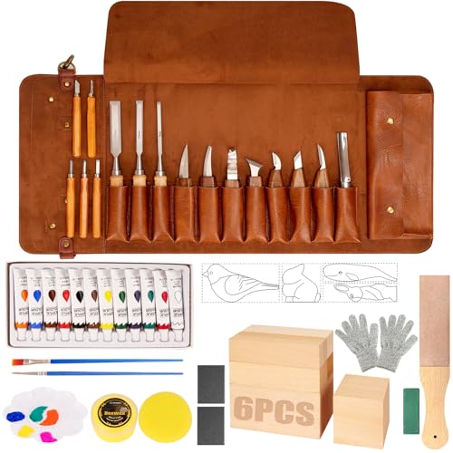 Holzschnitzwerkzeuge, 50-teiliges Holzschnitzerei-Set mit PU-Aufbewahrungstasche,Schnitzset mit Farben, Bienenwachs & Gravurvorlagen für Anfänger und Profis von K KERNOWO