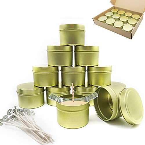 KOOLPUG Kerzendosen, Kerzendosen leer, 12 stücke Kerzengläser mit 15 Soja Pre Waxed Kerzendochte, Kerzengläser leer mit deckel, Kerzendosen Weihnachten, Kerzendosen set(Gold) von K KOOLPUG