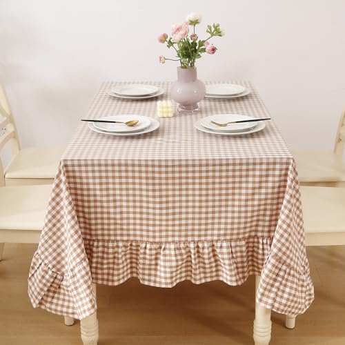 K MASANIJI Tischdecke, 100 % Baumwolle, kariert, rechteckig, 304,8 x 152,4 cm, Buffet, Cottage, Kokette, Karo, Gingham, Vintage-Tischdecke (Taupe/Weiß kariert, 304,8 x 152,4 cm) von K MASANIJI