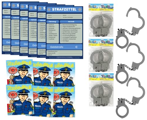 K-S-S Großes Polizei Set 6 X Handschellen / 6 x Strafzettelblock / 6 X Zauberblock für Kindergeburtstag, Mitbringsel, Mitgebsel von K-S-S