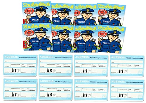 K-S-S Schönes 16 teiliges Polizei Set 8 X Polizeiausweis + 8 X Zauberblock im Polizei Design für Kindergeburtstag/Mitgebsel/Mitbringsel/Tombola von K-S-S