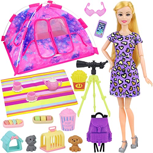 K.T. Fancy 18-teiliges Mädchen-Reise-Campingzelt-Set und Zubehör für 29,1 cm große Puppe, inklusive Zelt, Kleidung, Rucksack, Spielzeughund, Platzset, Spielzeugtelefon, Brille K.T. Fancy 18-teiliges Mädchen-Reise-Campingzelt-Set und Zubehör für 29,1 cm große Puppe, inklusive Zelt, Kleidung, Rucksack, Spielzeughund, Platzset, Spielzeugtelefon, Brille von K.T. Fancy
