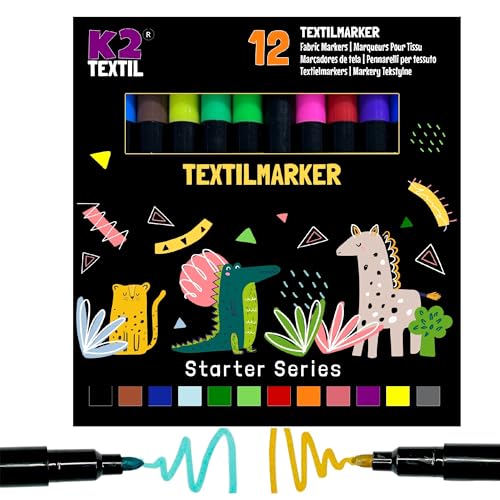 K2 TEXTIL 12 Textilstifte Waschmaschinenfest, Textilmarker zum Bemalen, Textilfarben für Textilien & Schuhe, Stoffmarker - Für Kinder Geeignet (12) von K2 TEXTIL