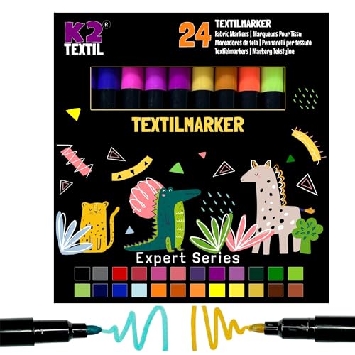 K2 TEXTIL 24 Textilstifte Waschmaschinenfest, Textilmarker zum Bemalen, Textilfarben für Textilien & Schuhe, Stoffmarker - Für Kinder Geeignet (24er Pack) von K2 TEXTIL