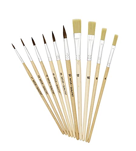 K3T Pinsel-Set 10tlg (Borstenpinsel Größe 4, 6, 10 und 12 - Haarpinsel Größe 1, 2, 4, 6, 8 und 10), Schaft naturbelassen, Art. Nr. 49410 von K3T