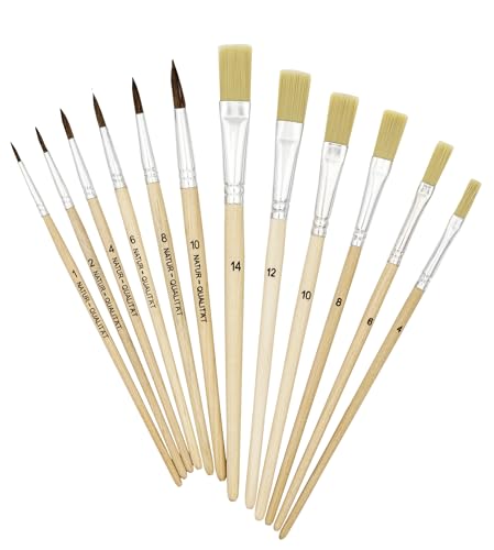 K3T Pinsel-Set 12tlg (Borstenpinsel Größe 4, 6, 8, 10, 12 und 14 - Haarpinsel Größe 1, 2, 4, 6, 8 und 10), Schaft naturbelassen, Art.Nr. 49411 von K3T