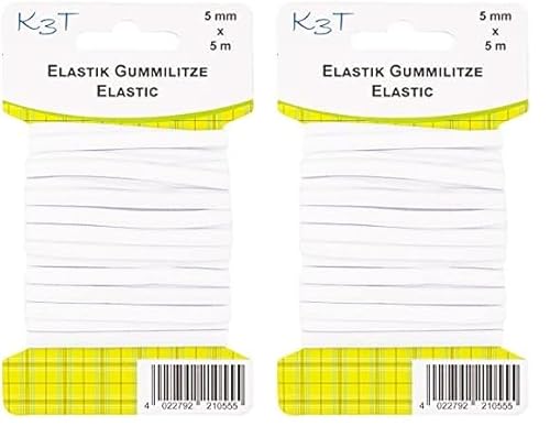 K3T Elastik Gummilitze 5 mm x 5 m, Farbe weiß, Art.-Nr. 81055 (Packung mit 2) von K3T