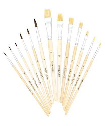 K3T Pinsel-Set 13-teilig (Naturhaarpinsel Größen 1, 2, 3, 4, 6 und 10 - Naturborstenpinsel Größen 2, 4, 6, 8, 10, 12 und 14), Schaft naturbelassen, Art.Nr. 49033 von K3T