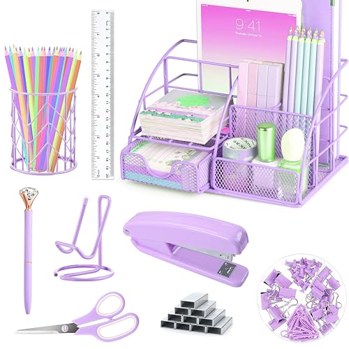 Schreibtisch-Organizer und Zubehör, Bürobedarf-Set, Hefter, Stifthalter, Handyhalter, Schere, Stift, Lineal, 30 Büroklammern, 22 Binder-Clips, 20 Reißzwecken und 1000 Heftklammern, Violett Schreibtisch-Organizer und Zubehör, Bürobedarf-Set, Hefter, Stifthalter, Handyhalter, Schere, Stift, Lineal, 30 Büroklammern, 22 Binder-Clips, 20 Reißzwecken und 1000 Heftklammern, Violett von KAAKOW