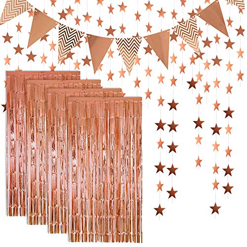KAARI 4 STK Lametta Vorhänge Dekoration und Flagge Bunting Banner und Glitter Papier Sternform Girlande für Geburtstag Hochzeit Bachelorette Party Foto Hintergrund Tür Wanddekorationen (Rose Gold) von KAARI