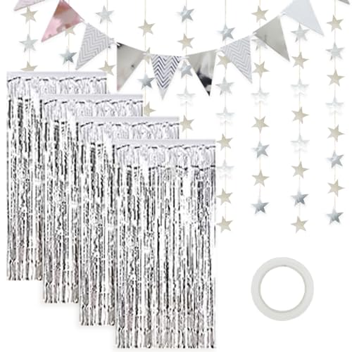 KAARI Silberne Lametta-Vorhänge, Folienfransen, metallische Lametta-Vorhänge, Foto-Hintergrund-Set, Flaggen-Wimpelbanner, glitzernde Papier-Sternform-Girlande für Geburtstag, Hochzeit von KAARI