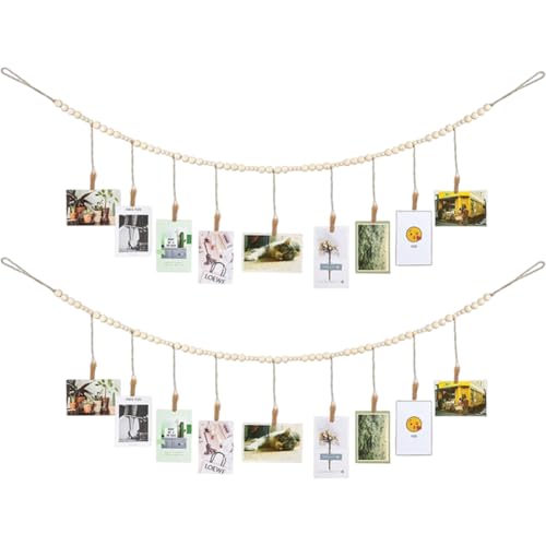 2pcs Wand hängende Fotoanzeige mit Clips, Holz Perlen Girlande Boho Collage Bilderrahmen DIY Fotorahmen Set für Home Office Kinderzimmer Klassenzimmer Schlafsaal Dekor, Weihnachtsgeschenke (Stil A) von KABAKE