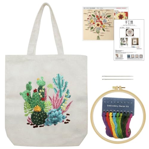 Canvas Tote Bag Stickerei Kits für Anfänger, Kunst DIY Handwerk Stickerei Starter Kit, schließen gestempelte Stickerei Tasche, Fäden, Stickwerkzeuge ein (Beige Tasche mit Kaktus) von KABAKE