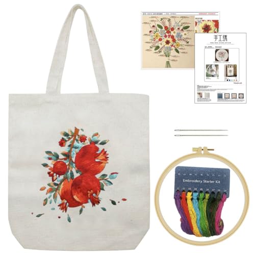 KABAKE Canvas Tote Bag Stickerei Kits für Anfänger, Kunst DIY Handwerk Stickerei Starter Kit, schließen gestempelte Stickerei Tasche, Fäden, Stickwerkzeuge ein (Beige Tasche mit Granatapfel) von KABAKE