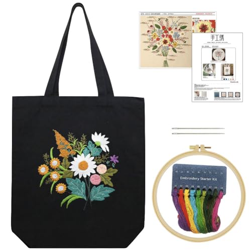 KABAKE Canvas Tote Bag Stickerei Kits für Anfänger, Kunst DIY Handwerk Stickerei Starter Kit, schließen gestempelte Stickerei Tasche, Fäden, Stickwerkzeuge ein (Schwarze Tasche mit Blumen) von KABAKE