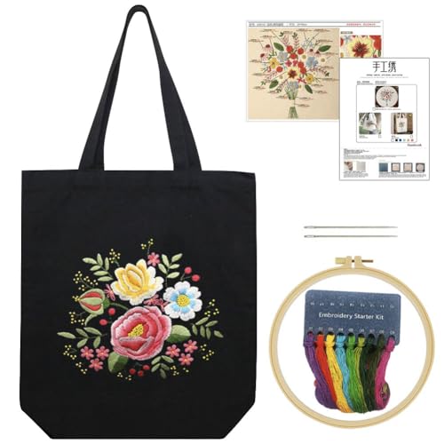 KABAKE Canvas Tote Bag Stickerei Kits für Anfänger, Kunst DIY Handwerk Stickerei Starter Kit, schließen gestempelte Stickerei Tasche, Fäden, Stickwerkzeuge ein (Schwarze Tasche mit Blumen 2) von KABAKE