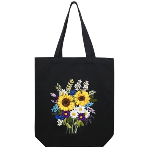 KABAKE Canvas Tote Bag Stickerei Kits für Anfänger, Kunst DIY Handwerk Stickerei Starter Kit, schließen gestempelte Stickerei Tasche, Fäden, Stickwerkzeuge ein (Schwarze Tasche mit Sonnenblume) von KABAKE