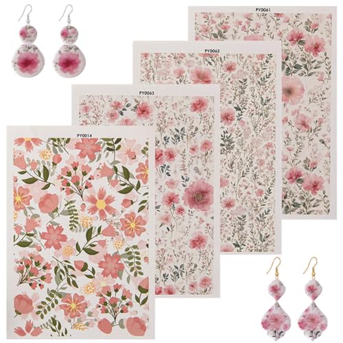KABAKE Polymer-Ton-Transferpapier, 4 Stück, bunte Blumen, wasserlöslich, Transferfolie für Ohrringe, Schmuckherstellung KABAKE Polymer-Ton-Transferpapier, 4 Stück, bunte Blumen, wasserlöslich, Transferfolie für Ohrringe, Schmuckherstellung von KABAKE