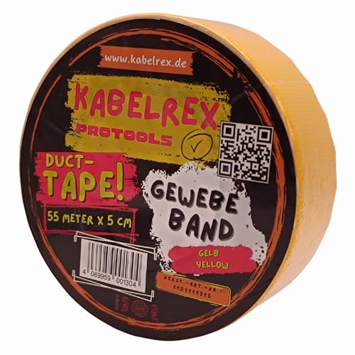 KABELREX Klebeband Duct Tape – Starkes Gewebeband Gelb 5cm x 55m – Wasserdicht & extra robust – 10% mehr Länge als Standard – Reparaturband für Haushalt, Werkstatt, Outdoor & Bau von KABELREX