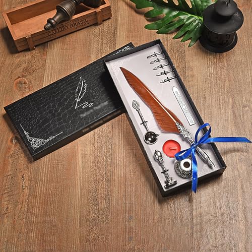 KACBFEE Vintage-Federfeder-Füllfederhalter-Set aus Metall, Kalligrafie-Federfeder-Set, antikes Schreibgeschenk für Schriftsteller (5 Federn) von KACBFEE
