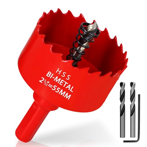 KACNON Lochsäge 55mm, Universal Schnellarbeitsstahl HSS M42 Bi-Metall Lochsägen mit Sechskant-Schaft und Bohrer, Komplette Größen, für Holz, Kunststoff, Gipskarton, Blech, Rot von KACNON
