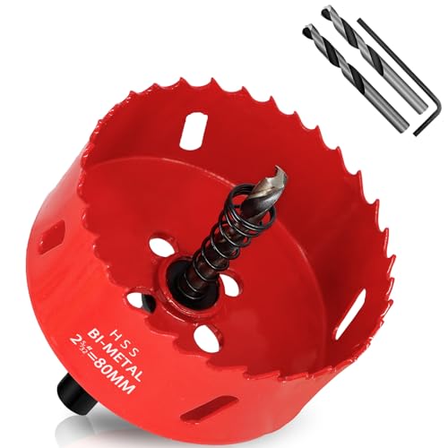 KACNON Lochsäge 80mm, Universal Schnellarbeitsstahl HSS M42 Bi-Metall Lochsägen mit Sechskant-Schaft und Bohrer, Komplette Größen, für Holz, Kunststoff, Gipskarton, Blech, Rot von KACNON