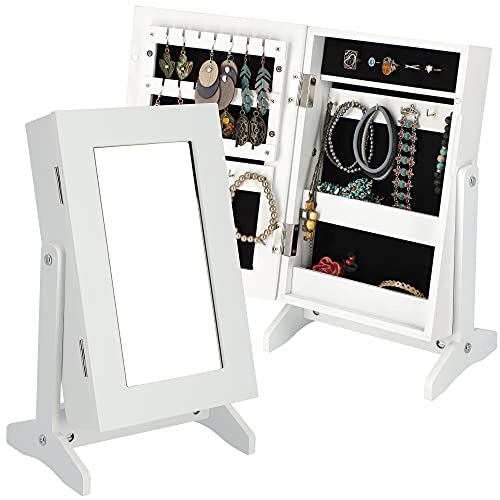 KADAX Schmuckschatulle mit Spiegel, 21 x 15 x 38,5 cm, Schatulle aus MDF-Platte, Schmuckkästchen mit Füßen, Schmuckkoffer für Ketten, Ringe (Weiß) von KADAX