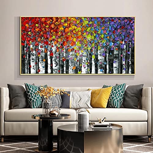 Großer abstrakter Baum mit bunten Blättern, gemaltes Ölgemälde auf Leinwand, Wandkunst für Wohnkultur, Wandkunst, Leinwandbild, 70 x 145 cm (28 x 57 Zoll) mit Rahmen von KADING