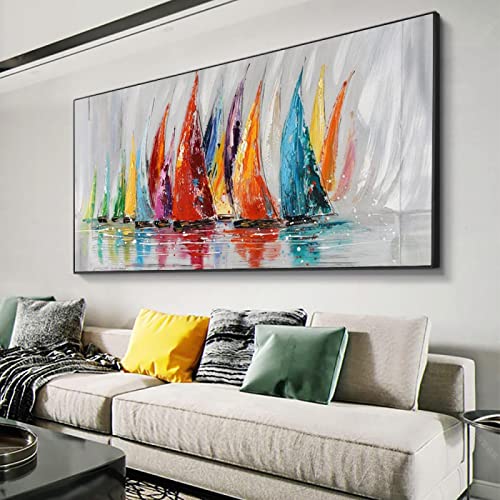 KADING Abstraktes Leinwandbild Buntes Segelboot Gemälde Große Leinwand Ölgemälde Moderne Wandkunst für Wohnzimmerdekor 102x50cm(40x20in) mit Rahmen von KADING