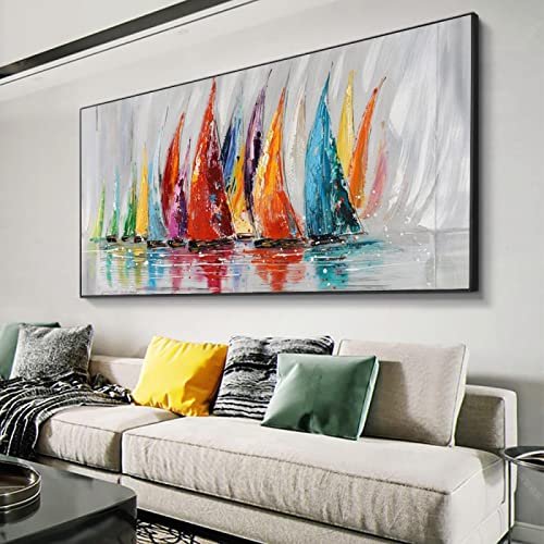 KADING Abstraktes Leinwandbild Buntes Segelboot Gemälde Große Leinwand Ölgemälde Moderne Wandkunst für Wohnzimmerdekor 164x80cm(65x32in) mit Rahmen von KADING