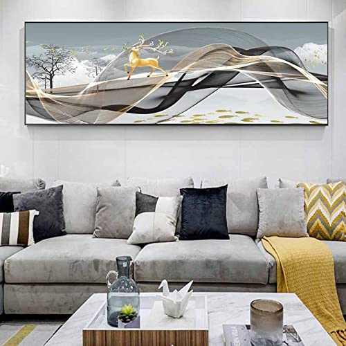 Nordic Abstrakte Kunst Gold Schwarz Band Leinwand Gemälde Hirsche Baum Poster und Drucke Wandbilder Wohnzimmer Wohnkultur 60x180cm(24x71in) Innenrahmen von KADING