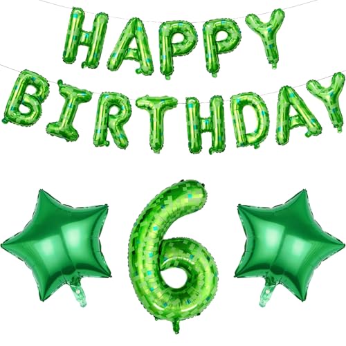 Grüne Pixel Stil Geburtstagsdekorationen - 101,6 cm Pixel Nummer 6 Folienballon und Happy Birthday Banner Luftballons Set, Gamer Party Supplies für 6. Jungen Kinder Party Supplies von KAGM