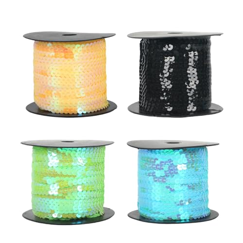 100 Yards Pailletten Rolle, 4 Pack Bunte Paillette Trim, 6mm Flache Glitzerborte für DIY Handwerk, Pailletten Bänder (Gelb + Schwarz + Fruchtgrün + Blau) von KAHCOP