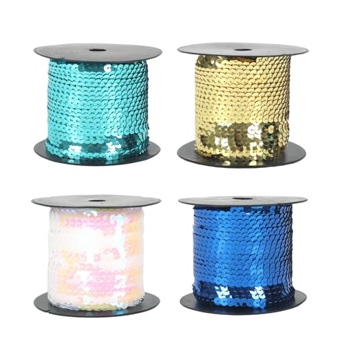 100 Yards Pailletten Rolle, 4 Pack Bunte Paillette Trim, 6mm Flache Glitzerborte für DIY Handwerk, Pailletten Bänder (Helles Seeblau + Hellgold + Weiß + Königsblau) von KAHCOP