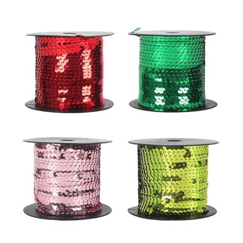 100 Yards Pailletten Rolle, 4 Pack Bunte Paillette Trim, 6mm Flache Glitzerborte für DIY Handwerk, Pailletten Bänder (Leuchtendes Rot + Grasgrün + Gummirot + Militärgrün) von KAHCOP