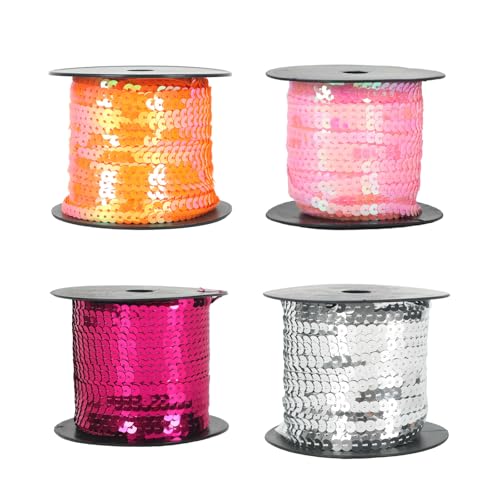 100 Yards Pailletten Rolle, 4 Pack Bunte Paillette Trim, 6mm Flache Glitzerborte für DIY Handwerk, Pailletten Bänder (Orange+Pink+Rosa+Silber) von KAHCOP
