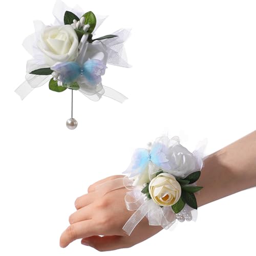 KAHDGSS Künstliche Rose Brust Blume Handgelenk Corsage Zubehör Set für zeremonielle Veranstaltung Flexibles Armband für Braut Brautjungfer Spitze Schleife Seide Rose Handgelenk Corsage von KAHDGSS