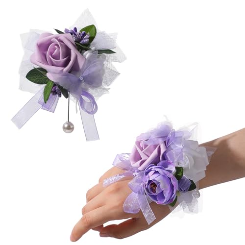 KAHDGSS Künstliche Rose Brust Blume Handgelenk Corsage Zubehör Set für zeremonielle Veranstaltung Flexibles Armband für Braut Brautjungfer Spitze Schleife Seide Rose Handgelenk Corsage von KAHDGSS