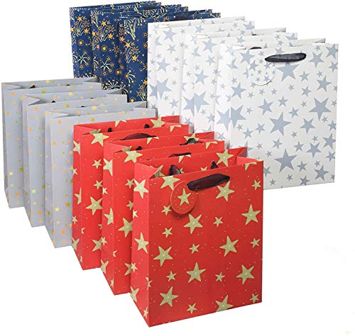 KAHEIGN 12Pcs Geschenktüten Papiertüten Weihnachten Geschenktüten, 28 x 22 x 10cm Kraftpapier Geschenktasche mit Band-Griffen und Tags für Geschenke Mitgebsel Süßigkeiten von KAHEIGN