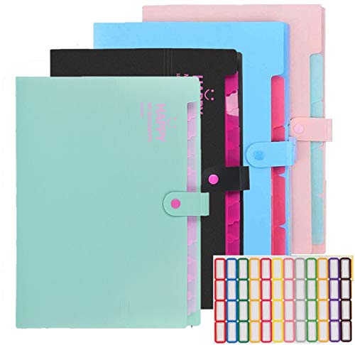 KAHEIGN 4Pcs Ordner A4 Fächermappe, 12 Fächer A4 Dokumentenmappe Dokumenten-Organizer, Erweiterbarer Aktenordner mit 64Pcs Ordner-Etiketten für Schule und Büro von KAHEIGN