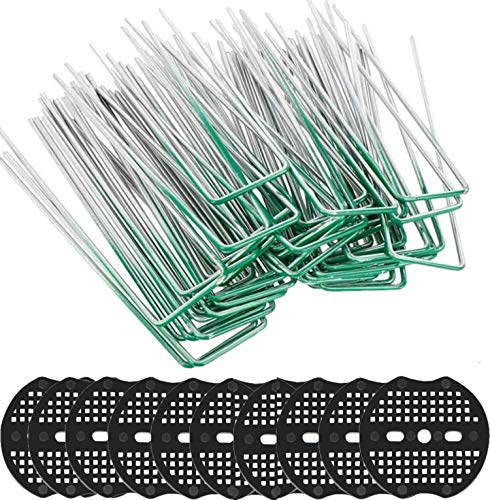 KAHEIGN 50Pcs Garten Heringe Erdanker für Unkrautvlies, 15CM U-förmige Erdnägel aus Stahl, Stabile Bodenanker zur Befestigung von Unkrautflies, Zeltheringe Erdspieß mit Pufferscheibe (grün) von KAHEIGN